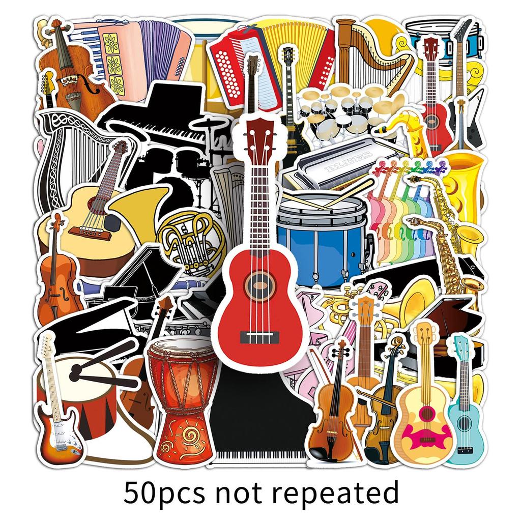 50 Musical Instruments Doodle Cartoon Violin Piano Gauze DIY Skateboard Mobile Suitcase Stickers Waterproof