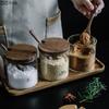 Glass Seasoning Jar Seasoning Box with Wooden Lid Seasoning Storage Jar with Tray Kitchen Salt Shaker Seasoning Jar Home Decor