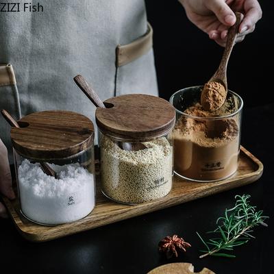 Стеклянная банка для приправ, коробка для приправ с деревянной крышкой, банка для хранения приправ с подносом, солонка для кухни, банка для приправ, домашний декор