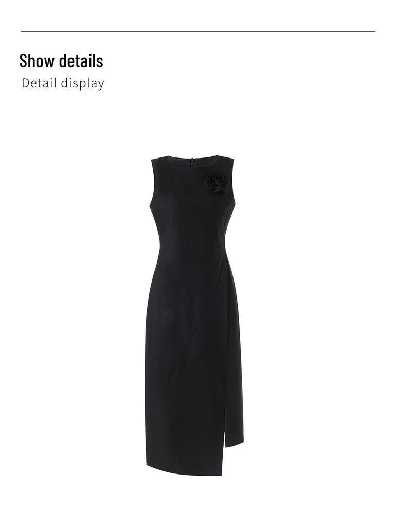 High-Tech Oblique Cut Vest Dress with Flower Brooch - Women's Summer Formal Wear