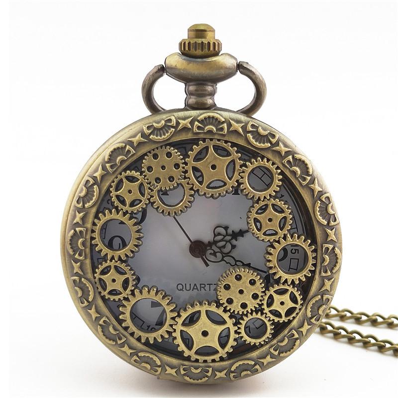 Steampunk Copper Vintage Hollow Gear Hollow Quartz Pocket Watch Necklace Pendant Clock Chain Men Women