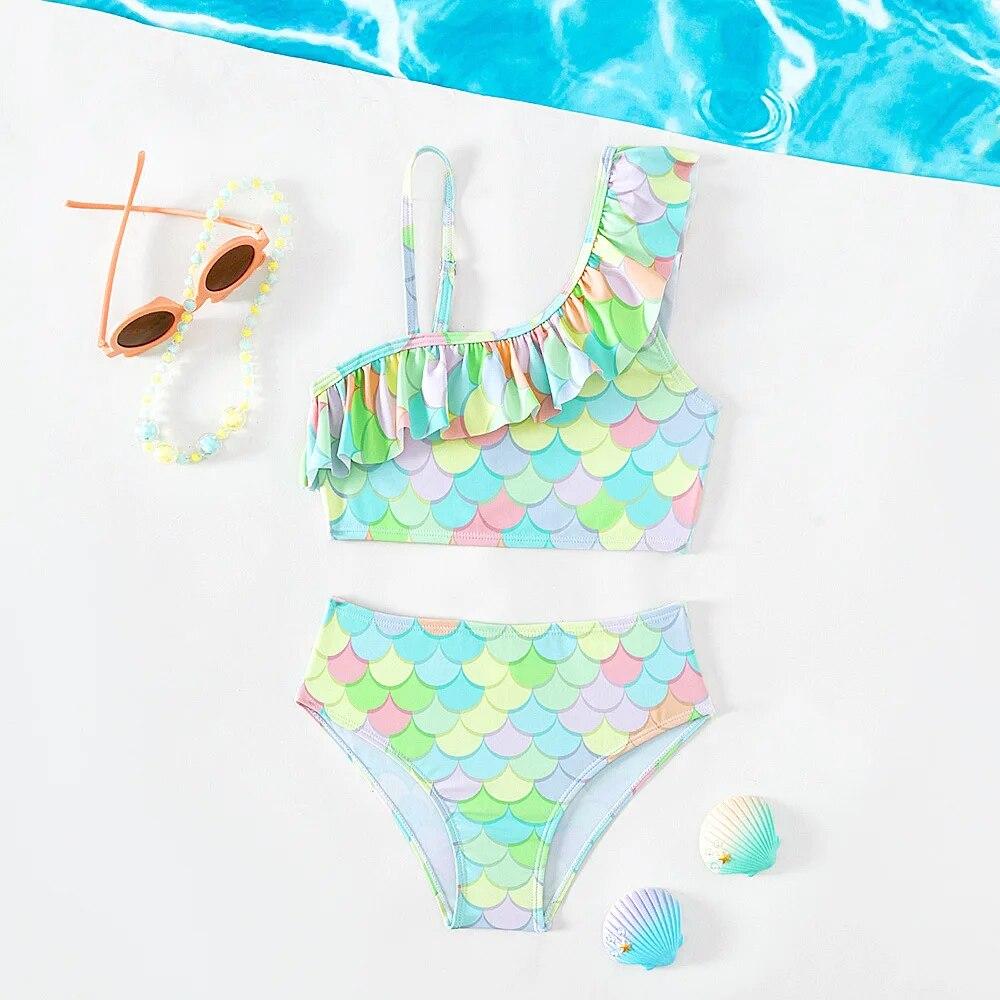 Girls Oblique Shoulder Fish Scale Baby Kids Swimsuit Bathing Suits for Children Two Pieces Swimwear Beach Bikini Sets