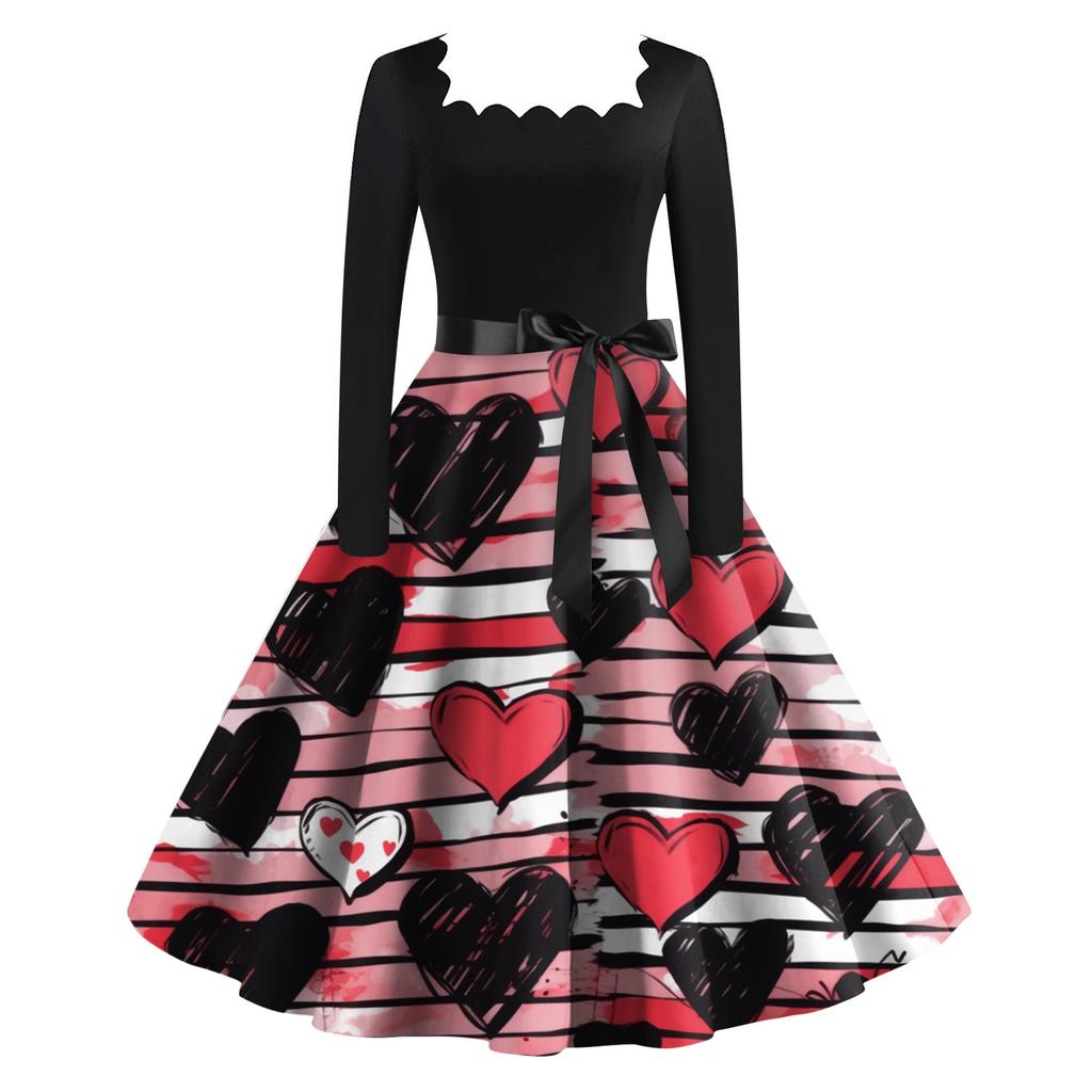 Женское винтажное классическое платье с длинным рукавом и принтом на День святого Валентина с квадратным вырезом и распашным платьем