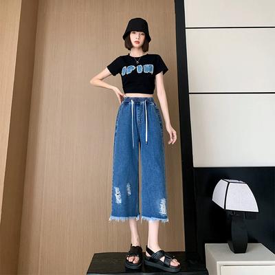 Женские летние джинсы большого размера с тонкими секциями, прямые, свободные, с высокой талией, широкие брюки Seven-minute