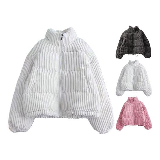 Stand Collar Neck Protection Striped Texture Loose Thick Long Sleeve Solid Color Heat Retention Lady Outdoor Jacket