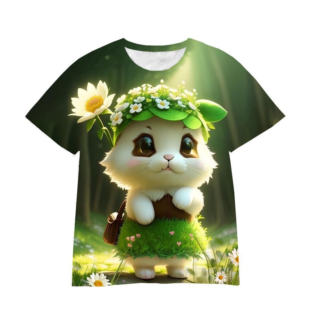 Summer Round Neck 3D Cartoon Furry Animal Print Top Fashionable Casual Short Sleeved Children's Boy and Girl Universal T-shirts