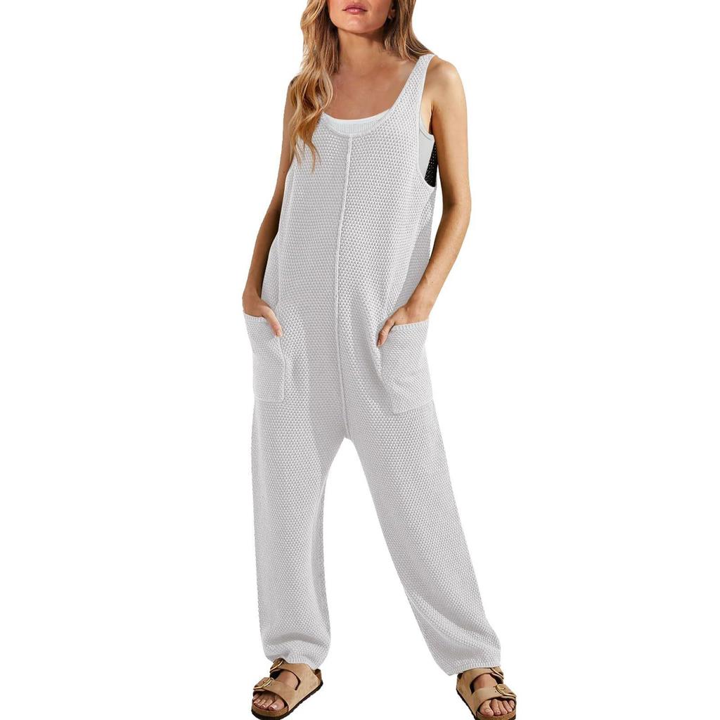 2024 Spring/Summer Women's Sleeveless U-Neck Loose Jumpsuit with Double Pockets