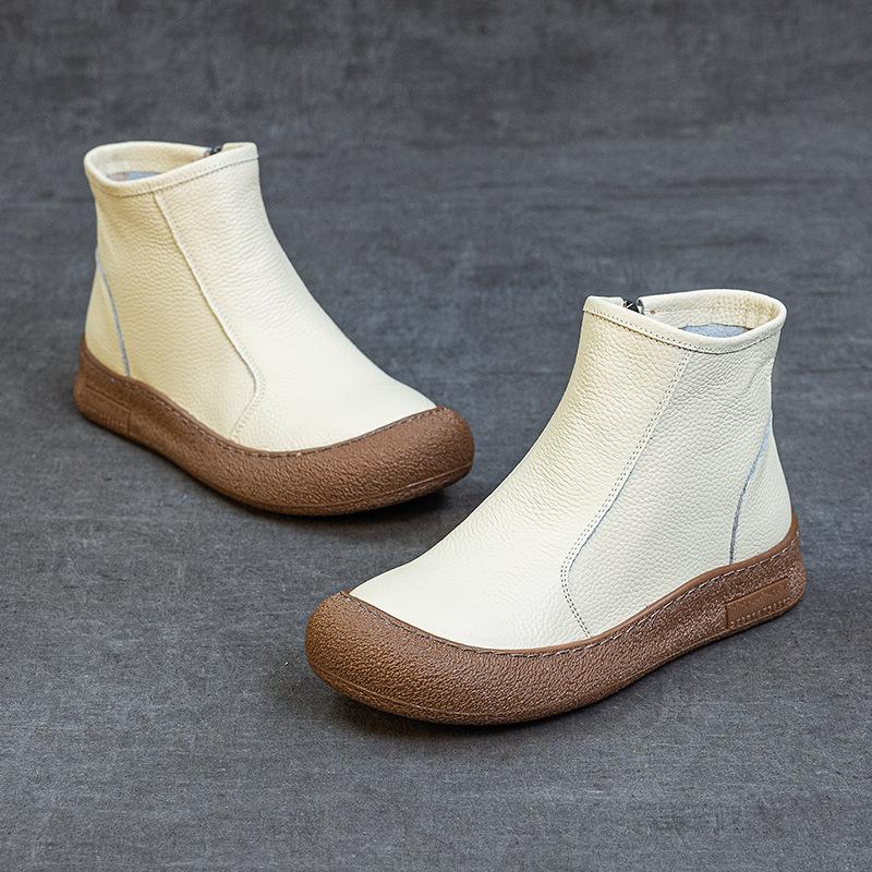 Женские кожаные полусапоги из коровьей кожи первого слоя на плоской подошве, удобные, с боковой молнией, с круглым носком, новые, с короткой шерстью, теплые