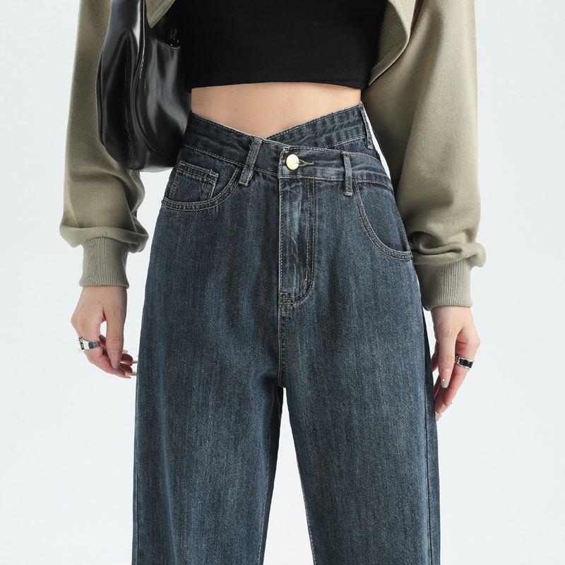 Женские джинсы широкого кроя сине-серого цвета с высокой талией, маленького размера, длиной до пола, с нестандартной косой пряжкой, идеально подходят для весны и осени.