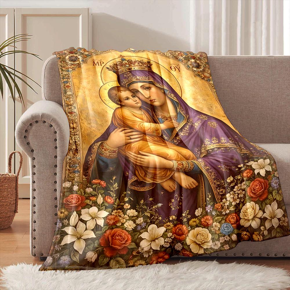 1PC Religious-themed mother and child Faith-printed Flannel Blanket Soft and Warm Suitable for Home Travel Picnics Camping RV