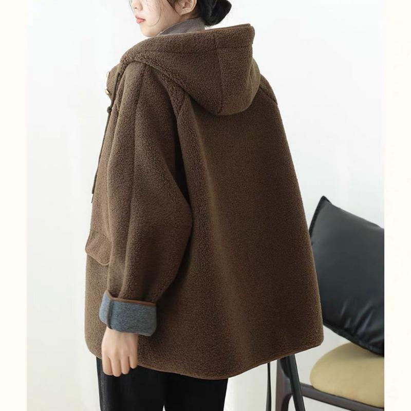 Женские свободные куртки с капюшоном из овечьей шерсти, повседневные однобортные толстые пальто, зимнее теплое пальто с длинным рукавом из гранулированного бархата