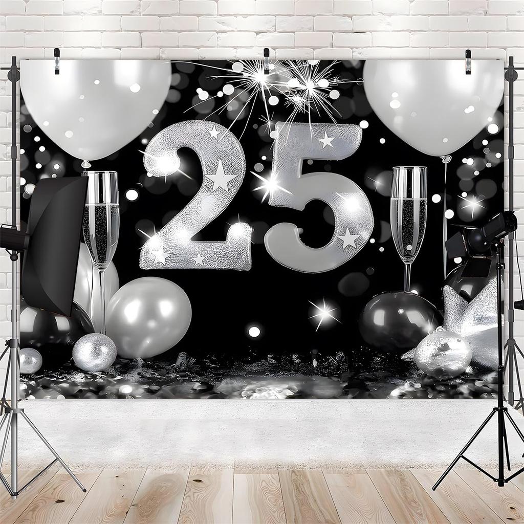 1pc Elegant Black and Silver 25th Anniversary Wedding Backdrop Banner Photography Wall -S
