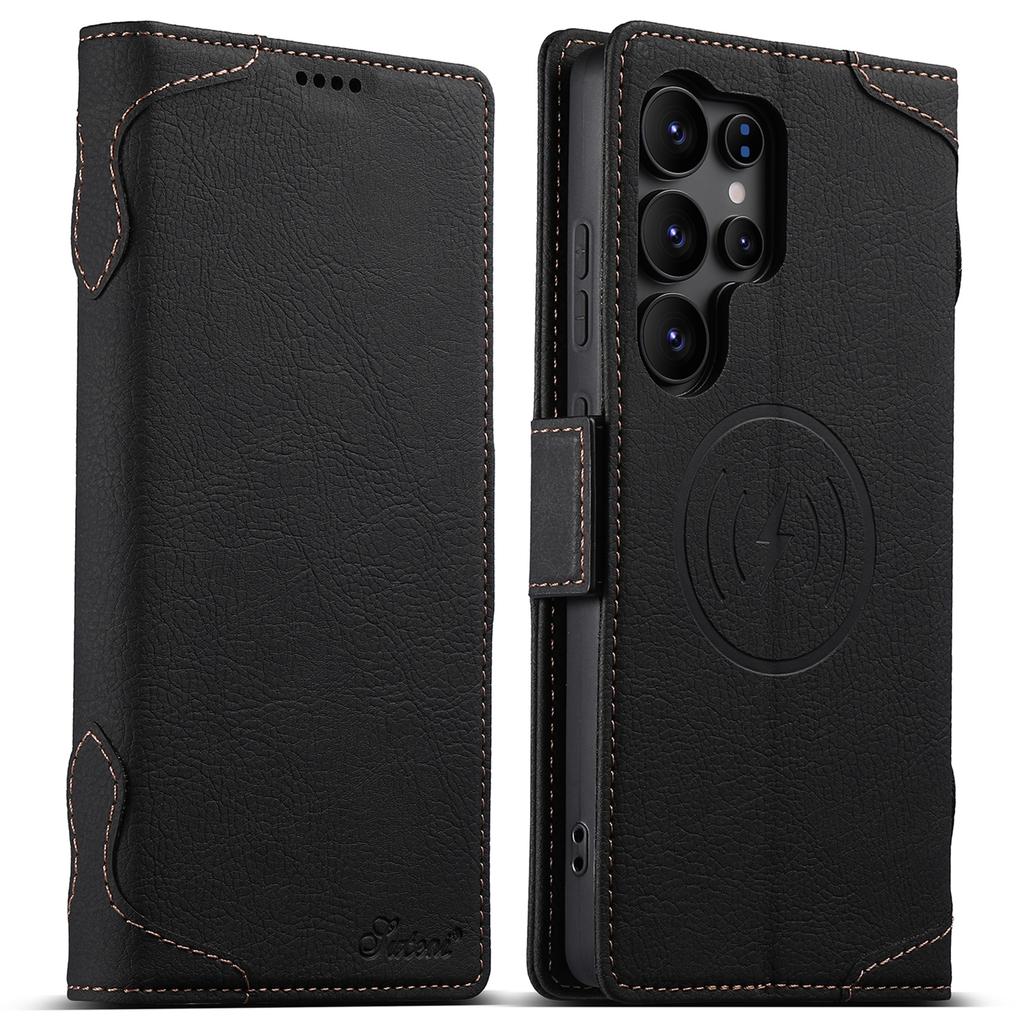 SUTENI J07 For Samsung Galaxy S25 Ultra Case Compatible with MagSafe Litchi Texture Leather Wallet Phone Cover