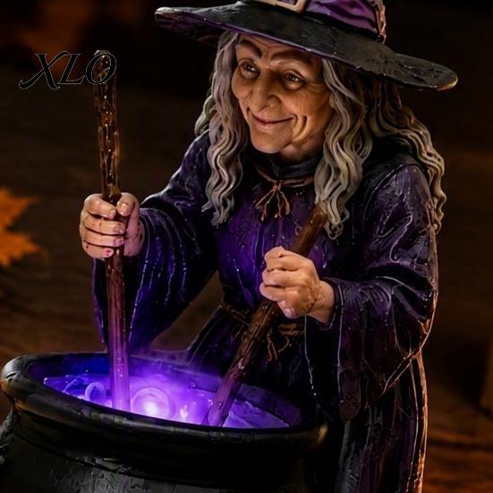 Halloween Witch Cauldron Decor Statue with Glowing Cauldron, USB Powered Resin Black Creative Gift for Friends Pot Figurine Green/Purple LED