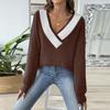 Women's Contrasting Color Patchwork Large V-neck Loose Sweater Pullover Sweater