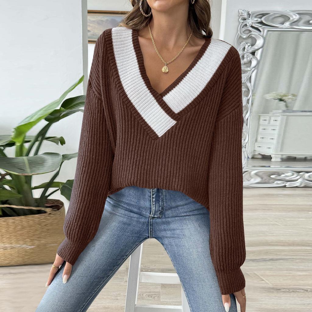 Women's Contrasting Color Patchwork Large V-neck Loose Sweater Pullover Sweater