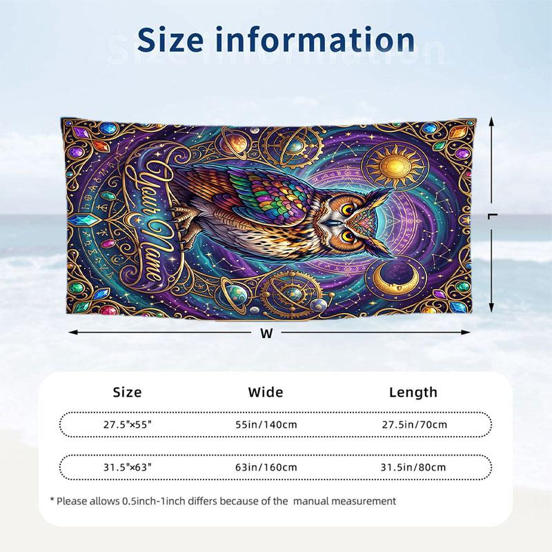 Ethereal Owl Dreamscape Theme Quick Dry Beach Towel Custom Name Text Print Large Sand Resistant Towel Beach Vacation