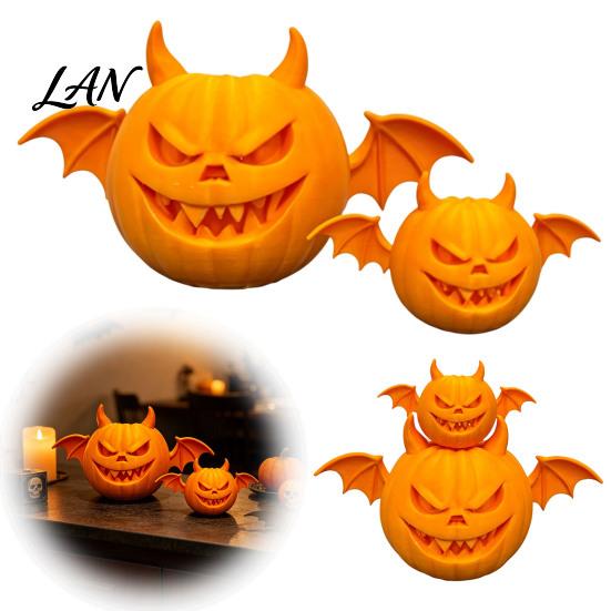 Scary Pumpkin Statue 2Pcs 3D Printed Demon Figurine, Devil with Bat Spooky Wings & Horns, Sculpture for Halloween Party Decoration Decor