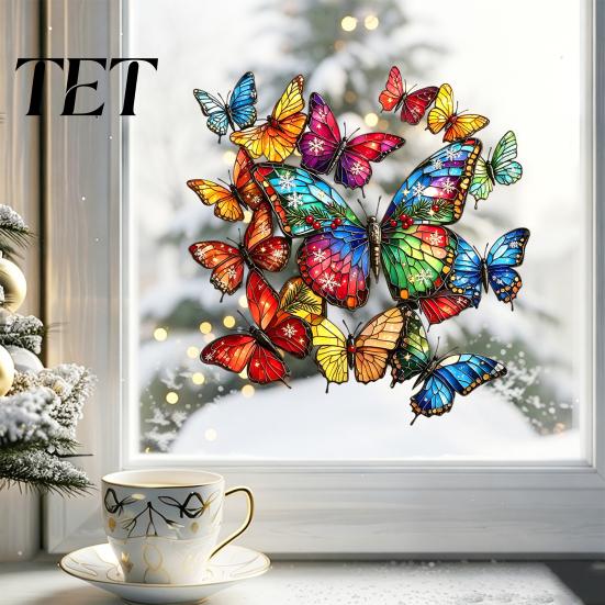 Removable Butterfly Art Stickers Christmas Window Sticker, Stained Glass Style, Colorful Decal, Floral Home Decor Static PVC Waterproof Sticker