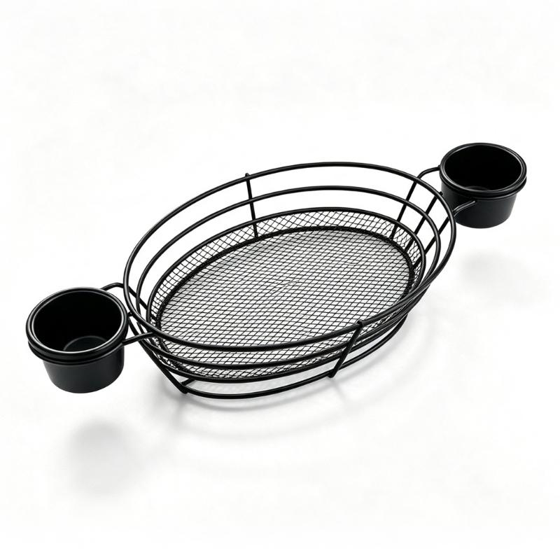 Creative Metal Wire Bread Basket Oval Shape French Fries Stand with 2 Sauce Dipper Cup For Chicken Wing Chip And Party Serving