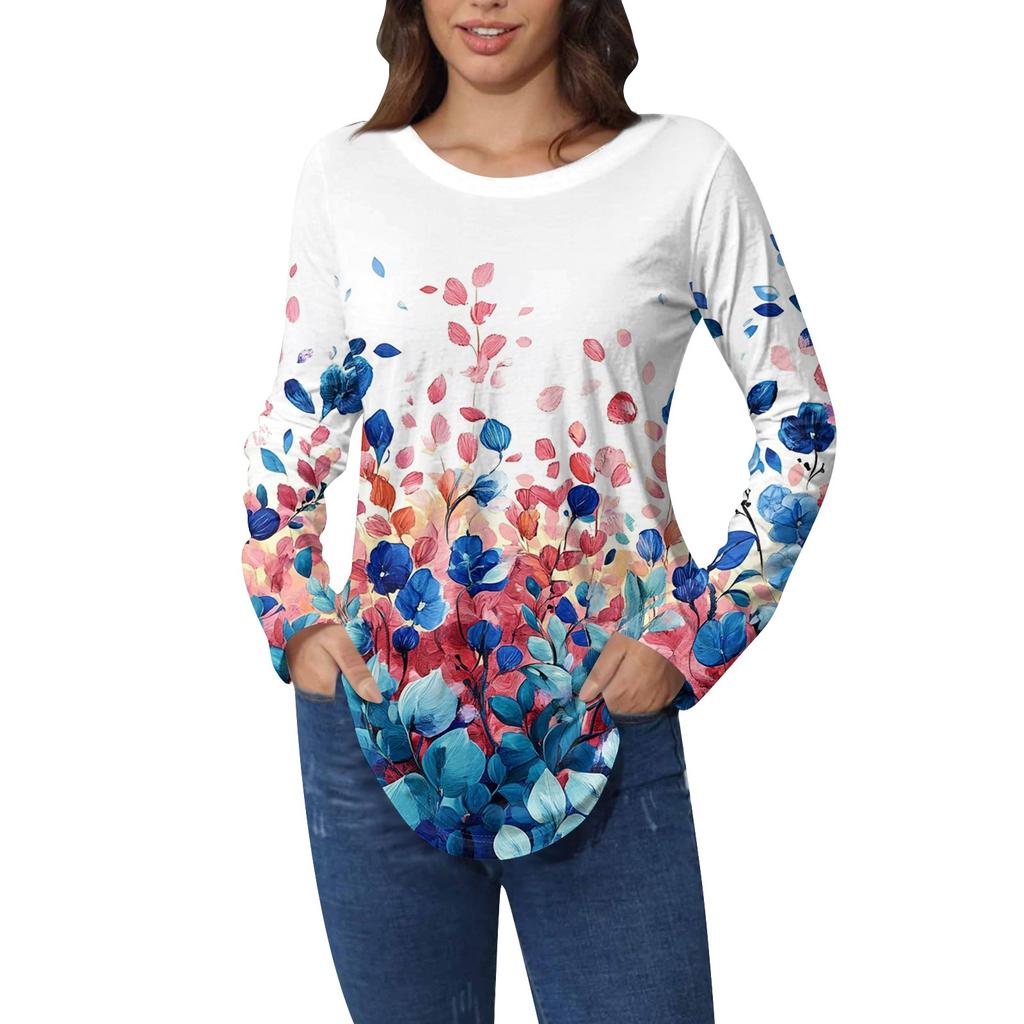 Рубашки для женщин Милые винтажные узоры с принтом Футболка с длинным рукавом Туника Топы Хлопковые пуловеры