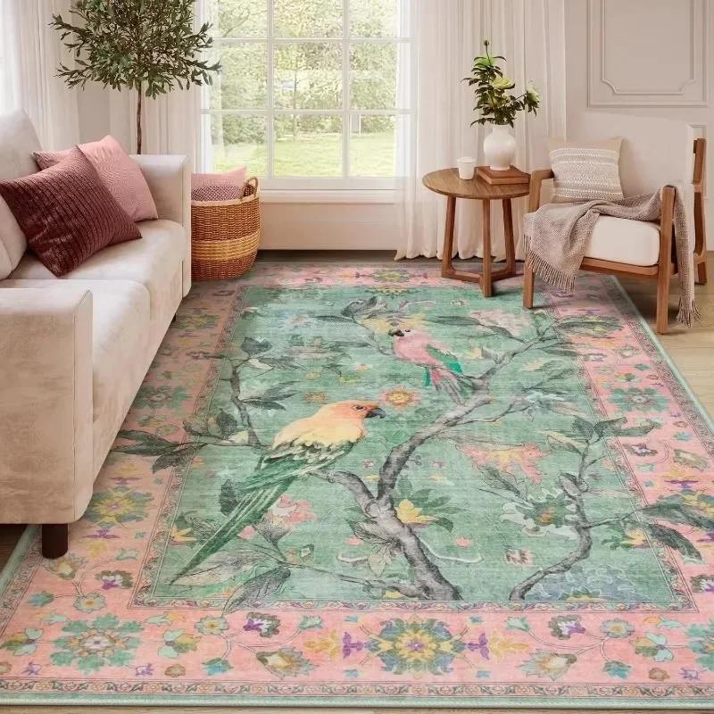 Floral Birds Pattern Area Rug Flower Bird Carpet for Living Room Bedroom Bedside Soft Non-Slip Washable Floor Mat Home Decor