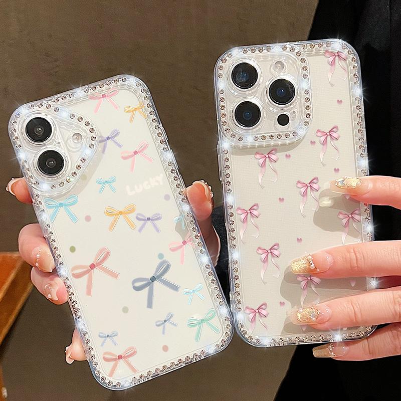 Bowknot Pattern Clear Silicone Phone Case For iPhone 16E 16 Pro Max 15 Pro 14 13 12 11 Diamond Frame Shockproof Soft Bumper Cover