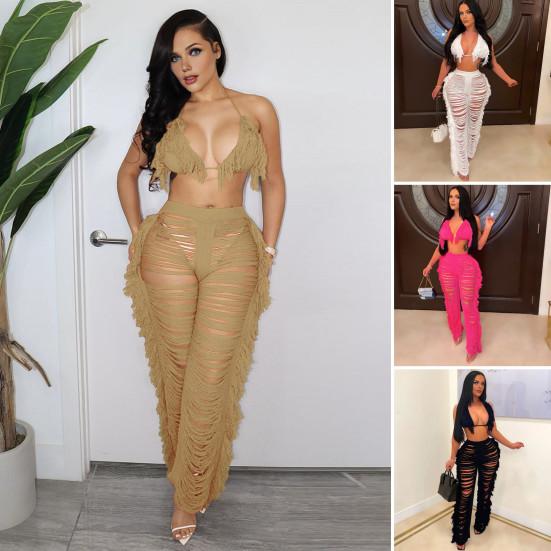 Женский укороченный топ и брюки из 2 шт./компл., комплект с бретелькой на шее и шнуровкой, пляжный бюстгальтер для отпуска, высокий