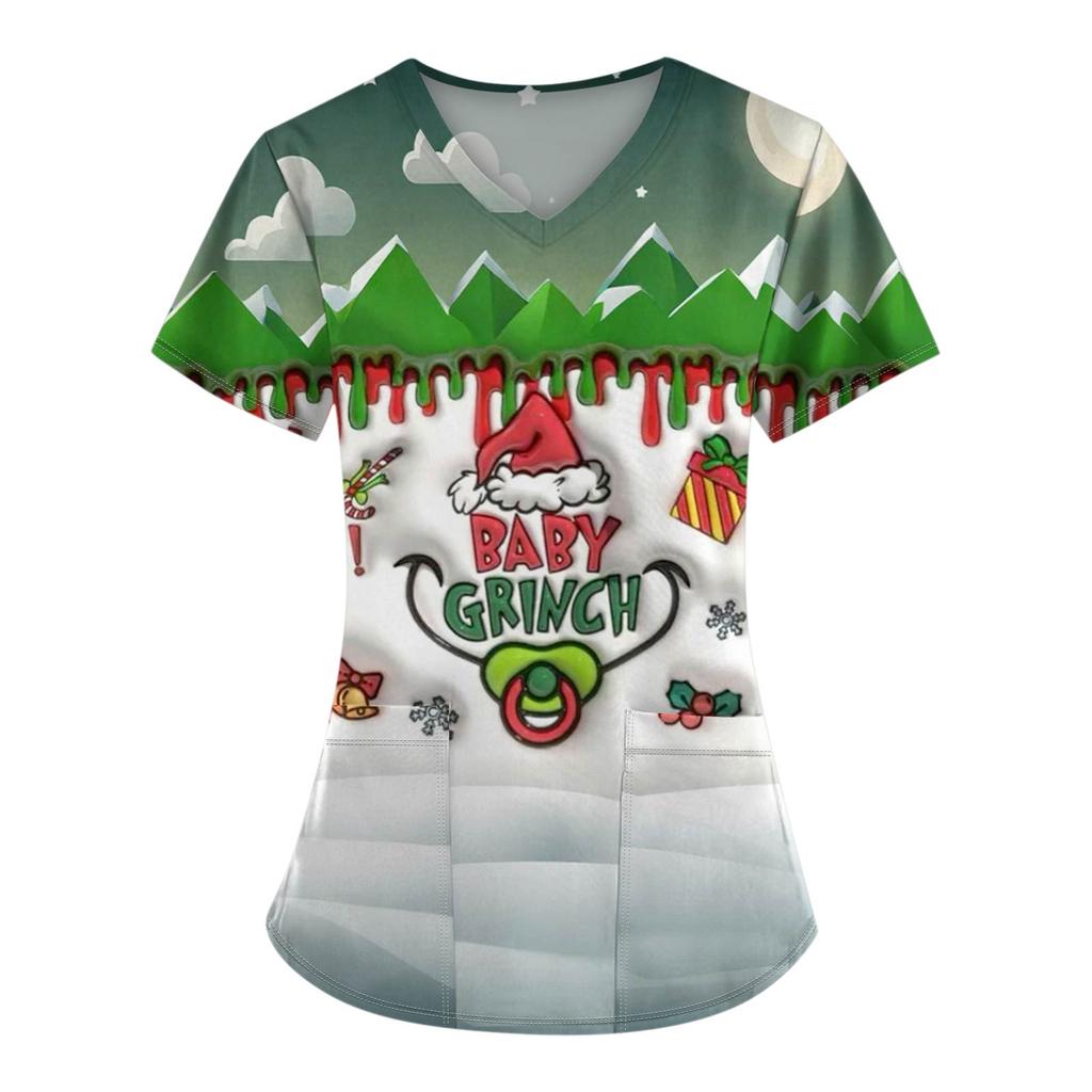 Женские модные топы с короткими рукавами и V-образным вырезом с принтом, рабочие футболки с карманами