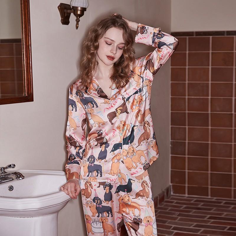 Womens Pajama Set Cartoon Sausage Birthday Print Silk-Like Long Sleeve Lounge Wear Two-Piece