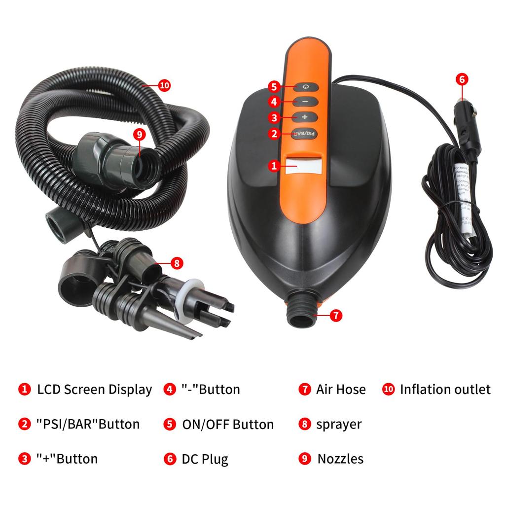 Dearsee SUP Electric Air Pump, 12V Power Supply, Up to 16 psi, Electric Air Pump, Compact, with Auto-Shutoff Function