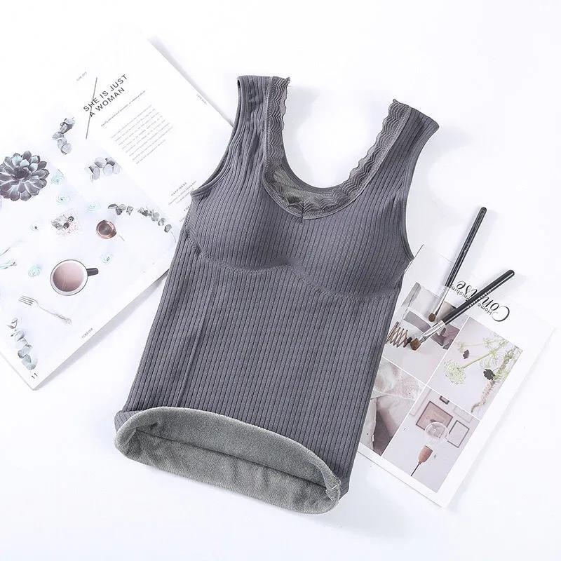 Сексуальная зимняя одежда, терможилет с подкладкой, женское бархатное теплое термобелье, тонкая бесшовная кружевная майка без рукавов с v-образным вырезом