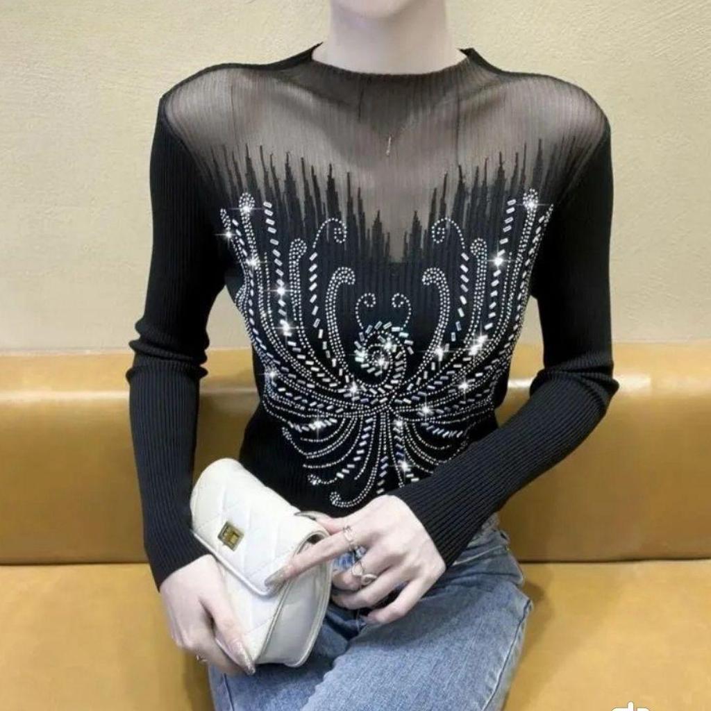 Элегантный сетчатый свитер со стразами - Женский универсальный шикарный топ с длинным рукавом