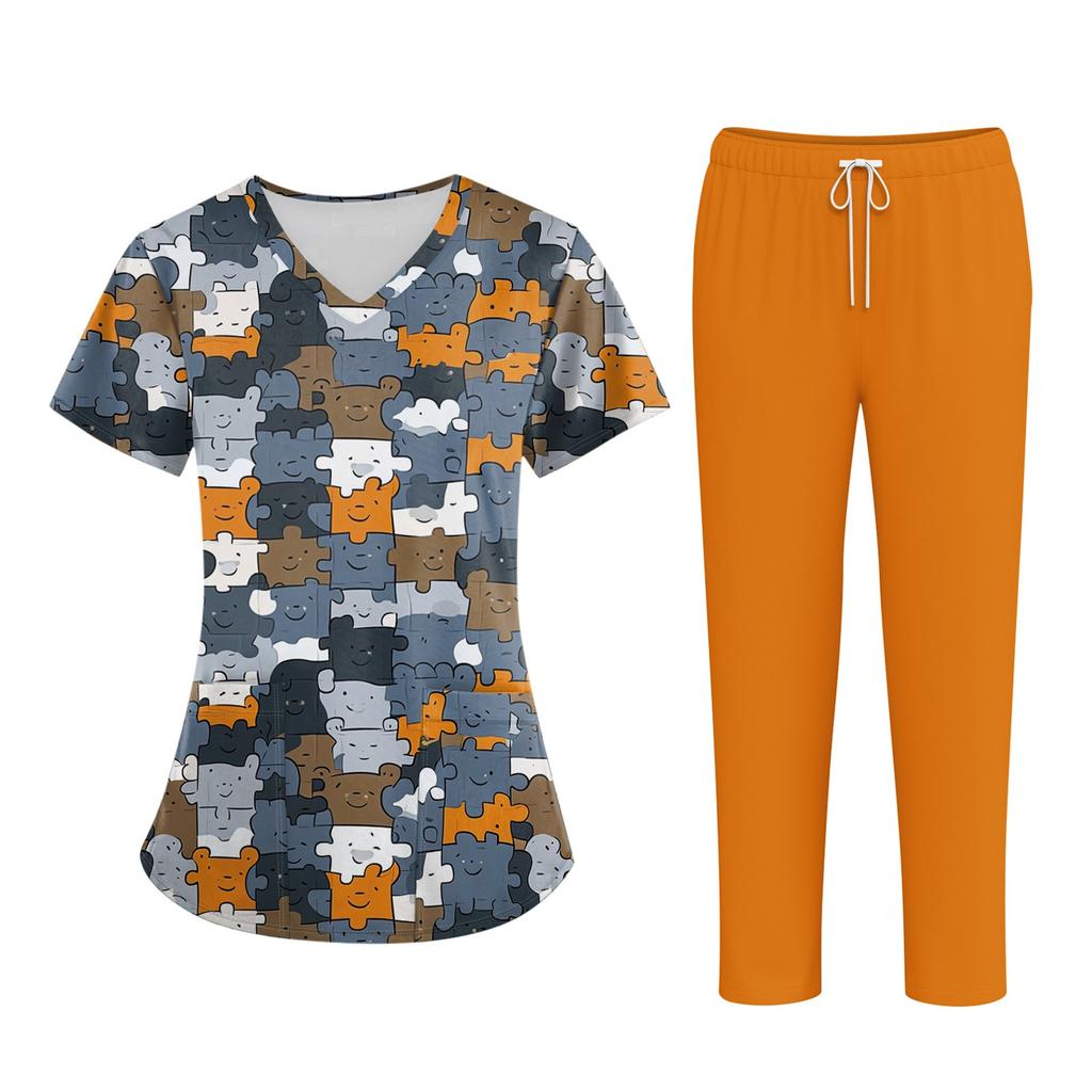 Плюс размерСкраб с принтом Рабочая форма Топы для женщин Крест V-образным вырезом Хэллоуин Принт с короткими рукавами Забавные футболки Спецодежда Футболка с карманами