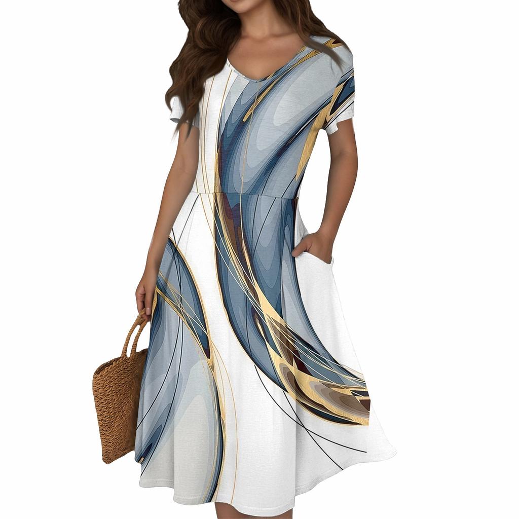 Женское летнее повседневное платье с принтом, V-образным вырезом, короткими рукавами и карманами