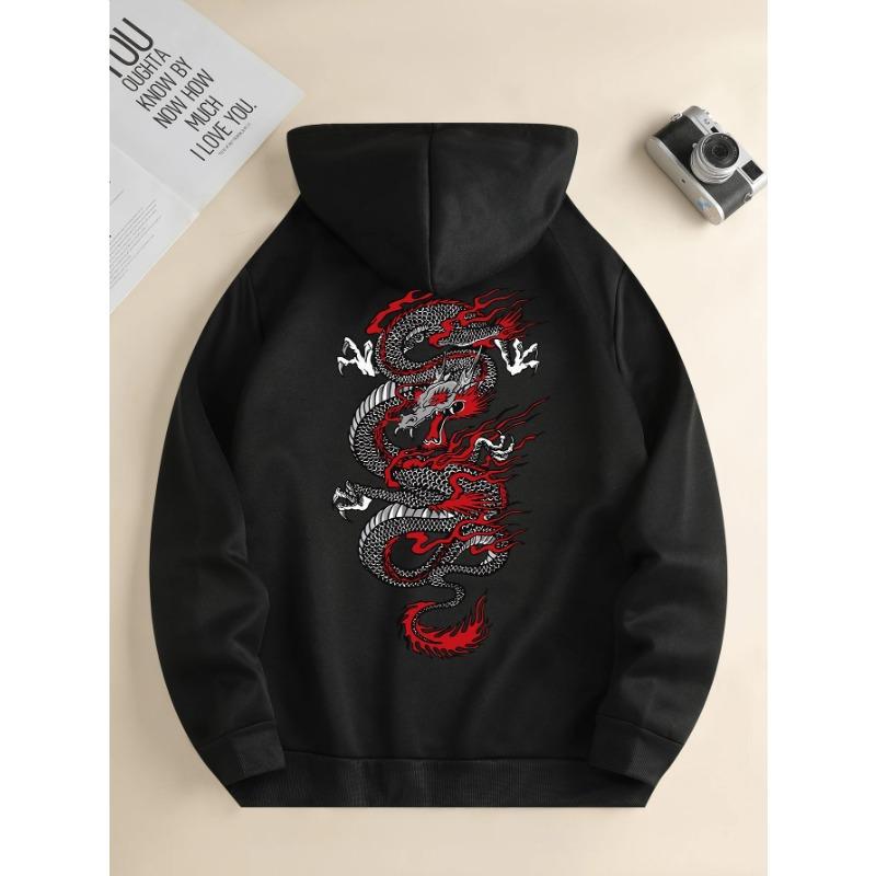 Men's Fashion Hoodie Casual Daily Drawstring Hooded Sweatshirt Dragon Print Front Kangaroo Pocket Men's Jacket Hoodies & Sweatshirts Men’s