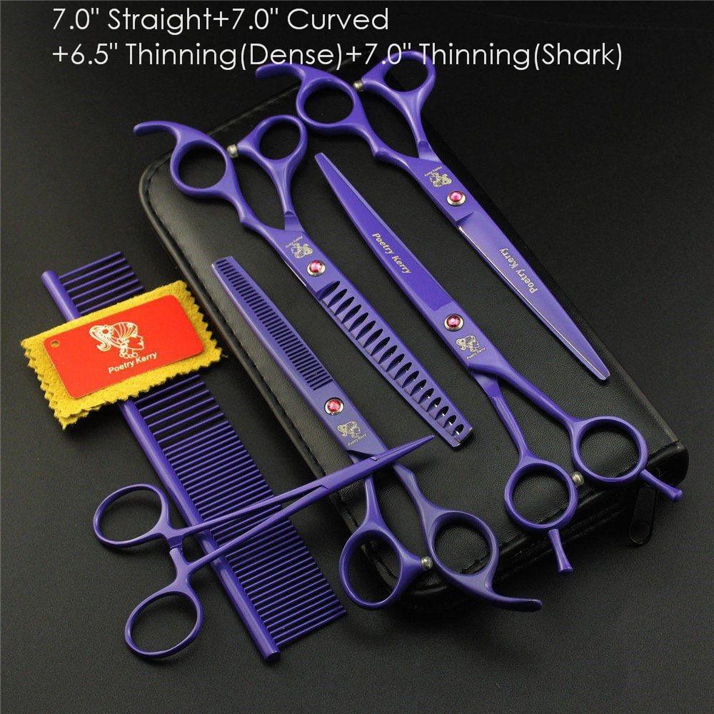 7.0" 8.0 Ch Profional Pet Scissors for Dog Groomg Straight & Thng & Curved Shears FeShark Teeth 4pcsSet +Comb Bag