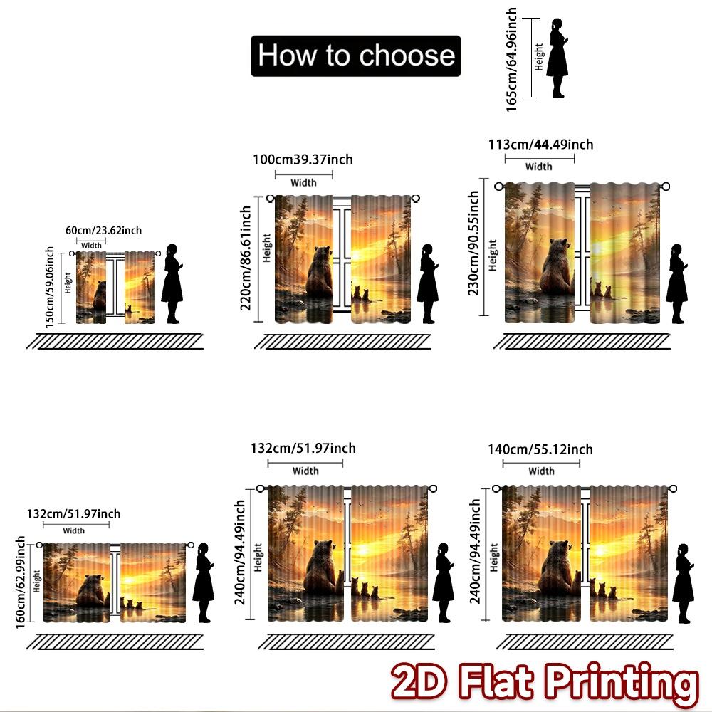 2D flat printing 2pcs Window Drapes Bear Family Sunset Scenery Digital Printed Polyester Drapes Holiday Decorations for Outdoor