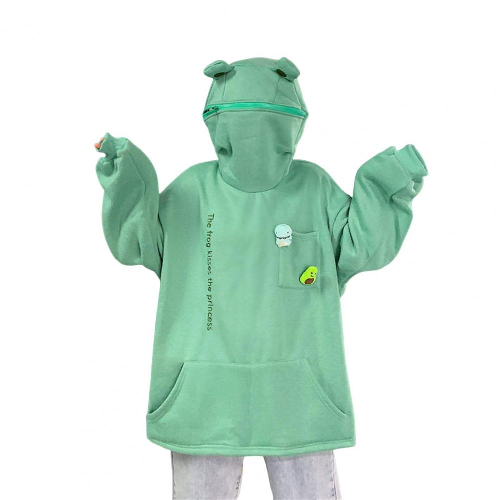 Унисекс Осень Зима Толстовка с капюшоном в форме лягушки с капюшоном на молнии Утолщенный плюш Теплый Вышитые буквы Большой карман Длинные рукава Пара Поездки на работу