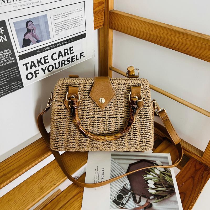 Pastoral Style Straw Bag Women's 2024 Summer Retro Handheld Bamboo Bag Versatile Shoulder Crossbody Bag Beach Bag