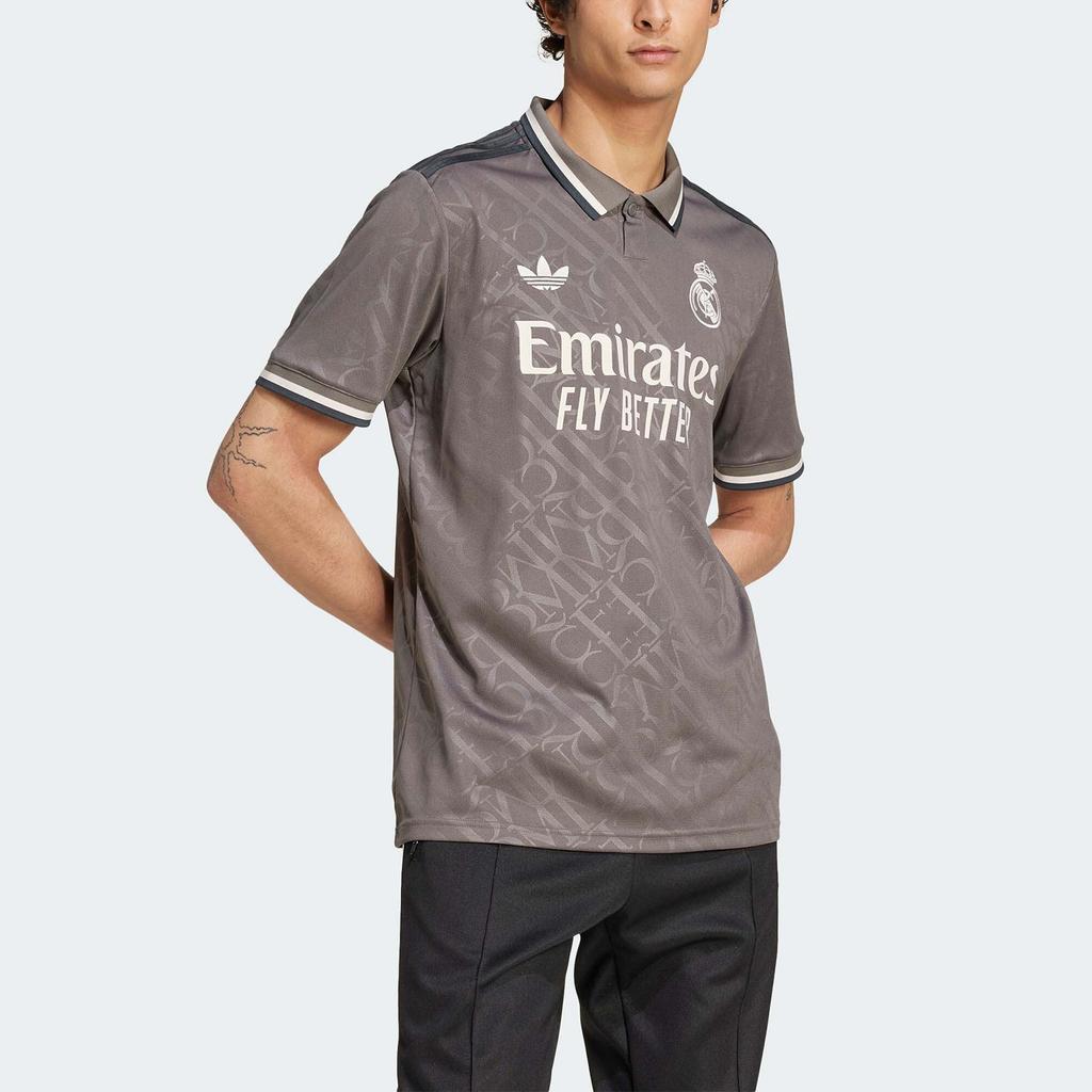 Мужская повседневная футболка с коротким рукавом Adidas Originals серии REAL MADRID, буквенная, угольно-серого цвета, для футбола