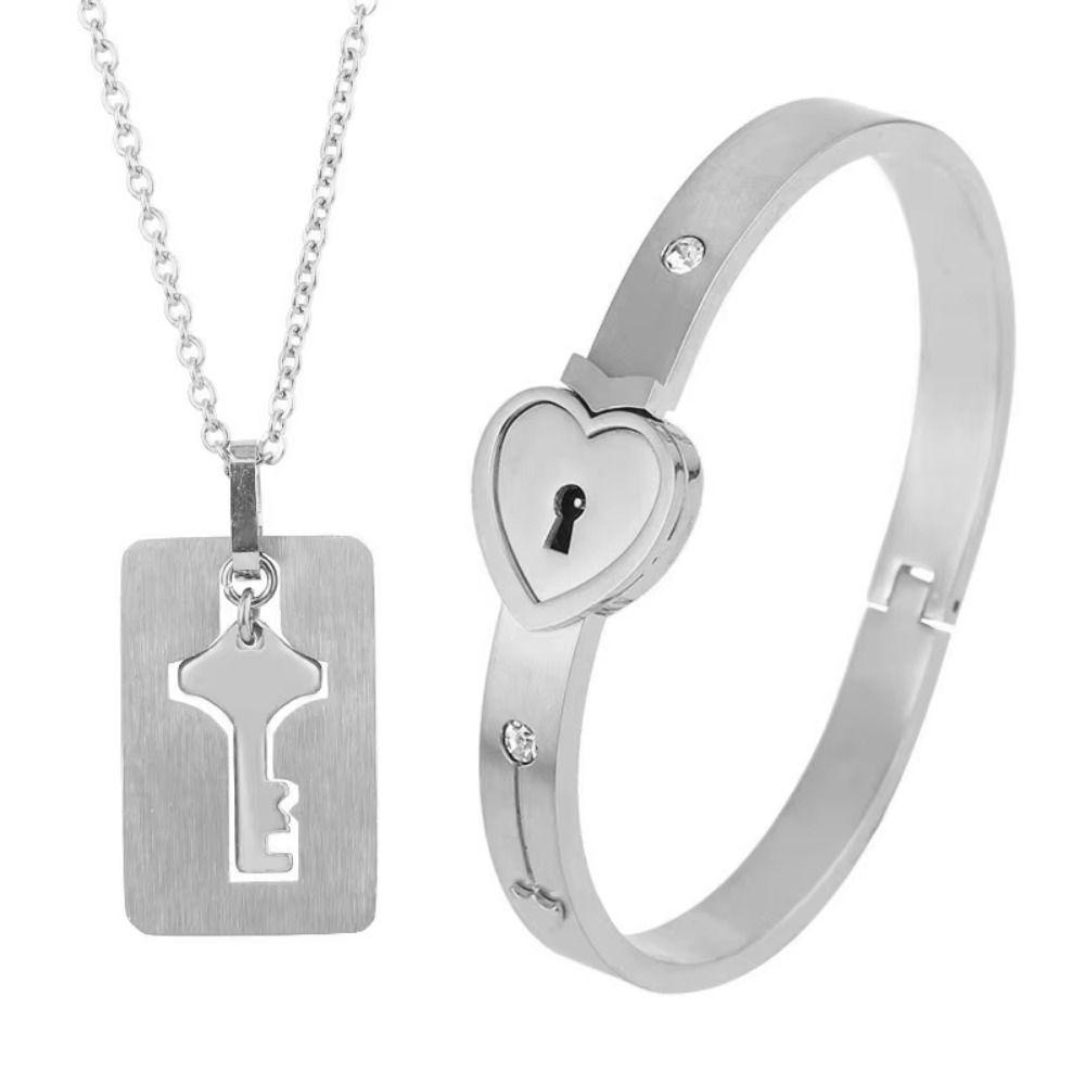 Gold Silver Heart Lock Bracelets Stainless Steel Key Pendant Necklace Women Men