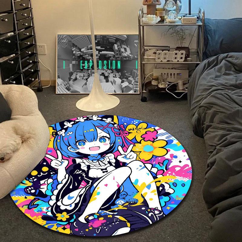 Elegant Round Anime Girl Blue Floor Rug, Non-Slip Floor Mat for Nursery