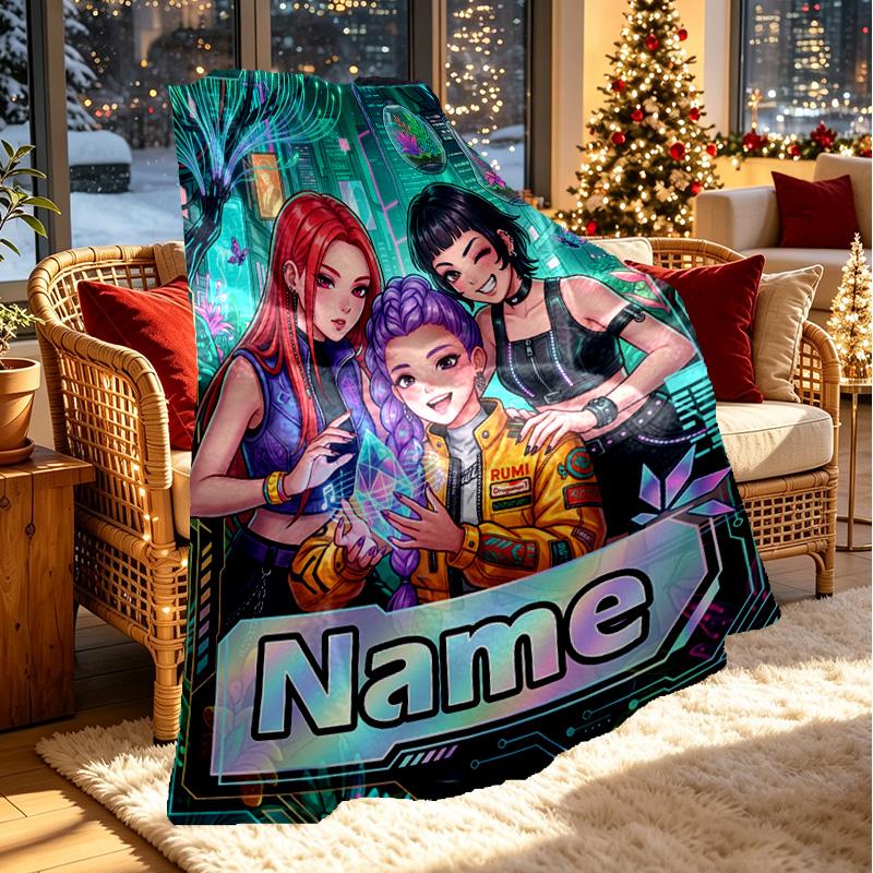 Custom Name Personalized Kpop Demon Hunter Print Blanket, Home Decor, Bedroom, Sofa, Camping, Couch, Gifts for Birthday Christmas