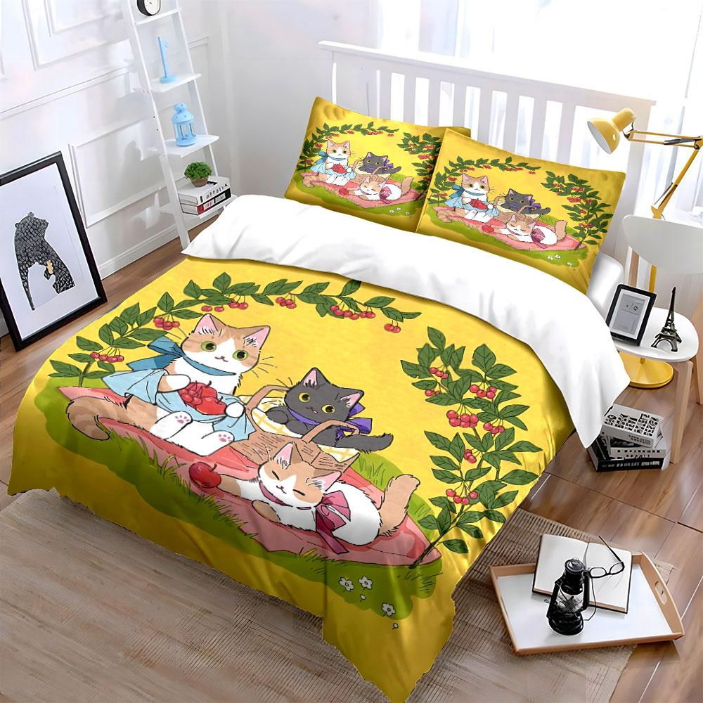 Adorable Cats with Fruits Design Bedding Duvet Cover Set Duvet Cover Pillowcases (1*Duvet Cover 2*Pillowcases, without duvet insert)