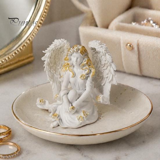 Маленькая фигурка ангела, Фигурка из смолы, Крылатая фея, Скульптура, Половина тела, С золотой отделкой, Матовый теплый белый, Декор для стола, Полки в спальне, Подарок, Женщинам