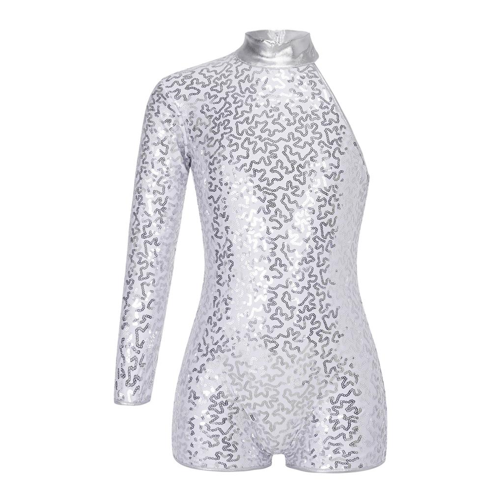 Kids Girls Sequins Single Long Sleeves Ballet Gymnastic Leotard Biketard Unitard Jazz Latin Dance Bodysuit Dancewear