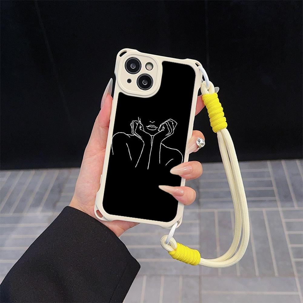 Ae79 femme каркасные черные мягкие чехлы для телефонов iPhone 16 15 14 13 12 11 Pro Max 7 8 Plus XR XS с ремешком на запястье, защитным шнурком для углов, задняя крышка