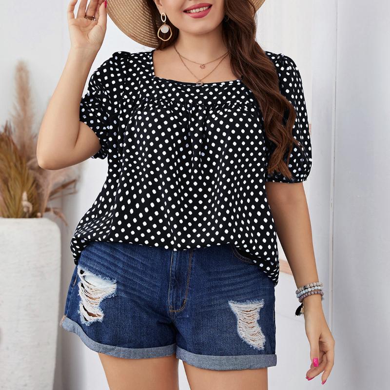 Летние женские свободные повседневные топы в горошек размера плюс, женские шифоновые футболки с круглым вырезом и короткими рукавами с решетчатым принтом для мамы