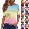 Women's Pleated Round Neck Gradient Print Short Sleeve T-shirt Hem Slit Top